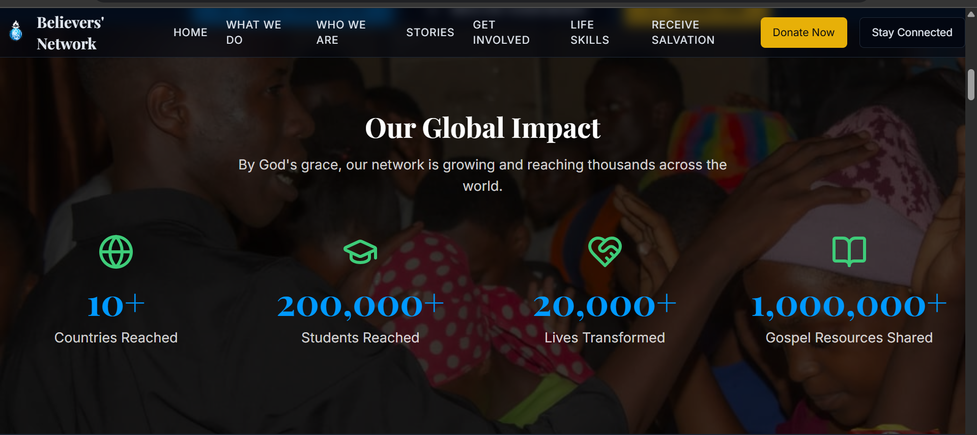 Screenshot of the Believers Network Intl website